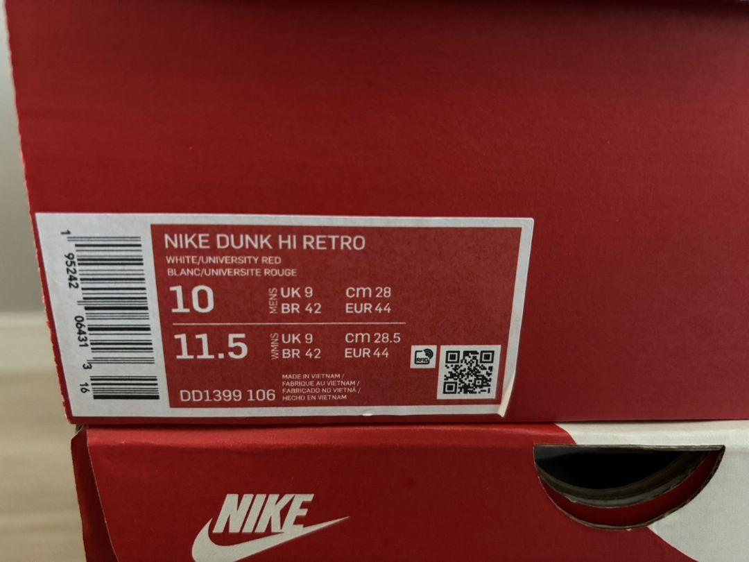 Dunk Hi Retro”WHITE/UNIVERSITY RED” 28cm