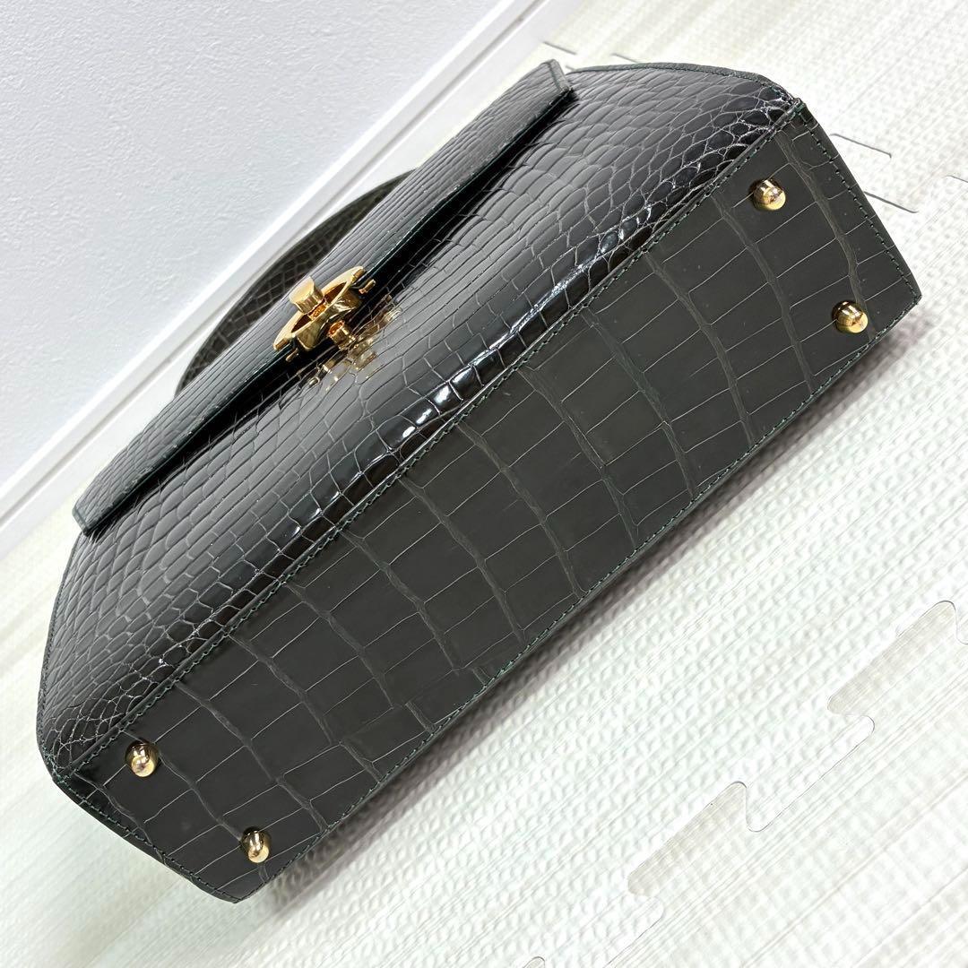 極美品 KWANPEN クロコダイル 2way ハンドバッグ センター取り 深緑