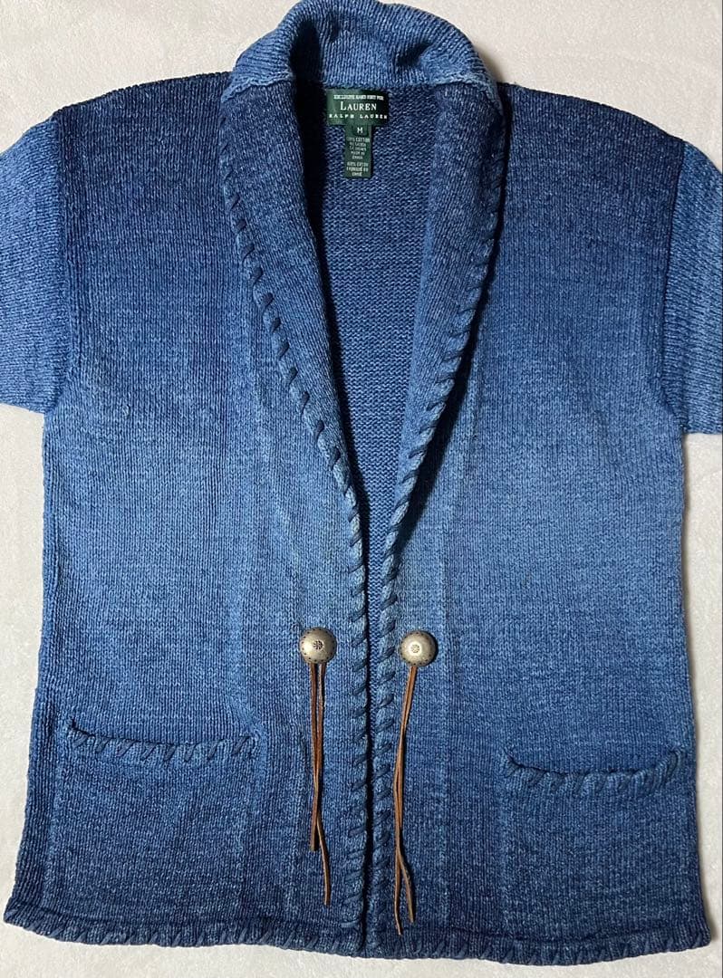 90Sラルフローレン インディゴ ハンドニット ネイティブ カーディガン M 卍