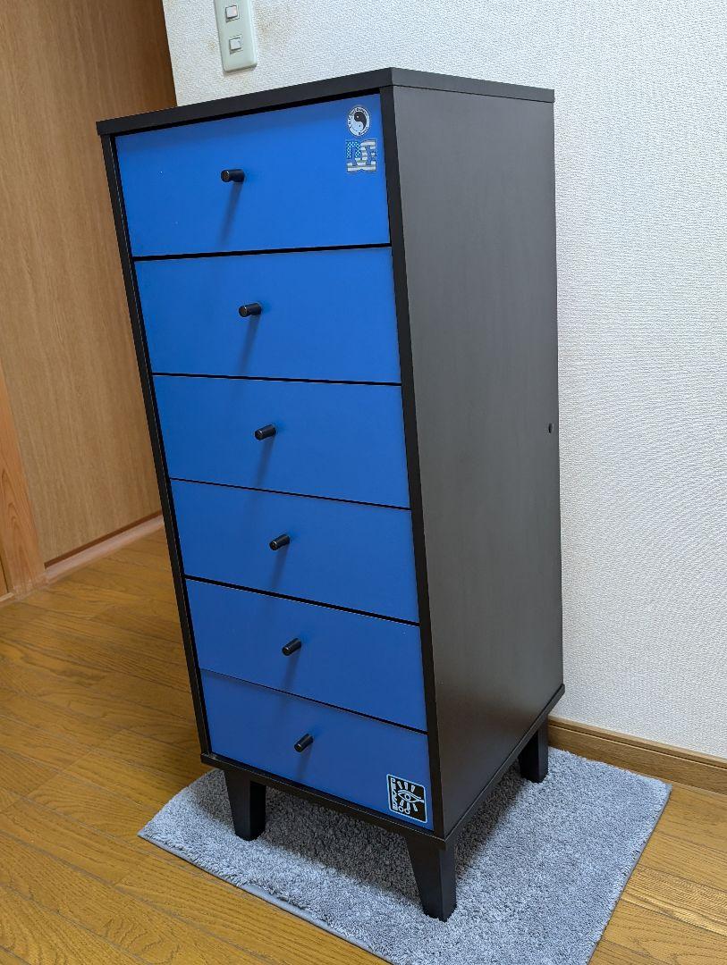 6段チェスト　リビングハイチェスト　濃い青と黒　完成品　ストリート系　サーファー