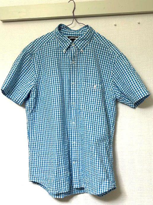LANDS'END　シャツ　半袖　水色　チェック柄　メンズ　おしゃれ　Lサイズ