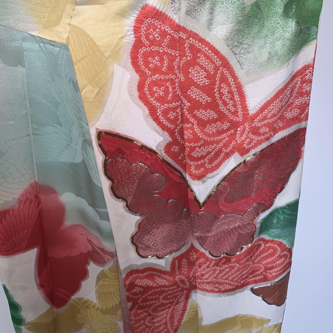 c☆振袖 アンティーク 金銀駒刺繍 鶴地紋 蝶絞り 裄63cm