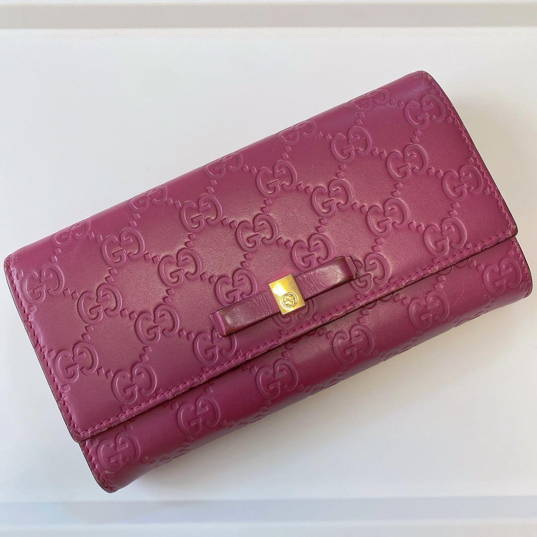 GUCCI】グッチ ピンク レザー 長財布 エンボスロゴ レディース