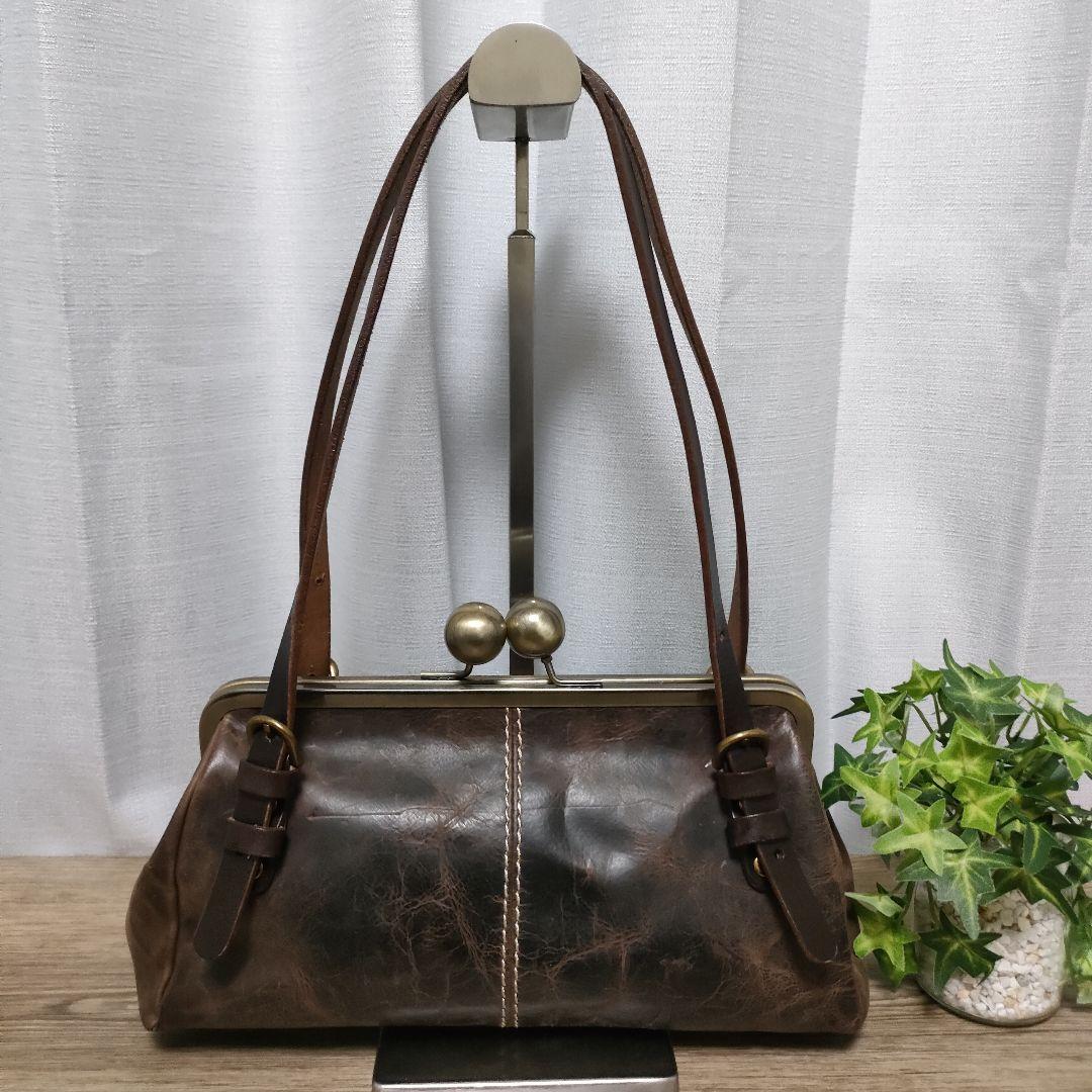 ✨良品✨ Ain Soph アインソフ ハンドバッグ 本革 ブラウン 肩掛け アインソフ バッグ がま口 ブラウン レザー AinSoph 肩掛け