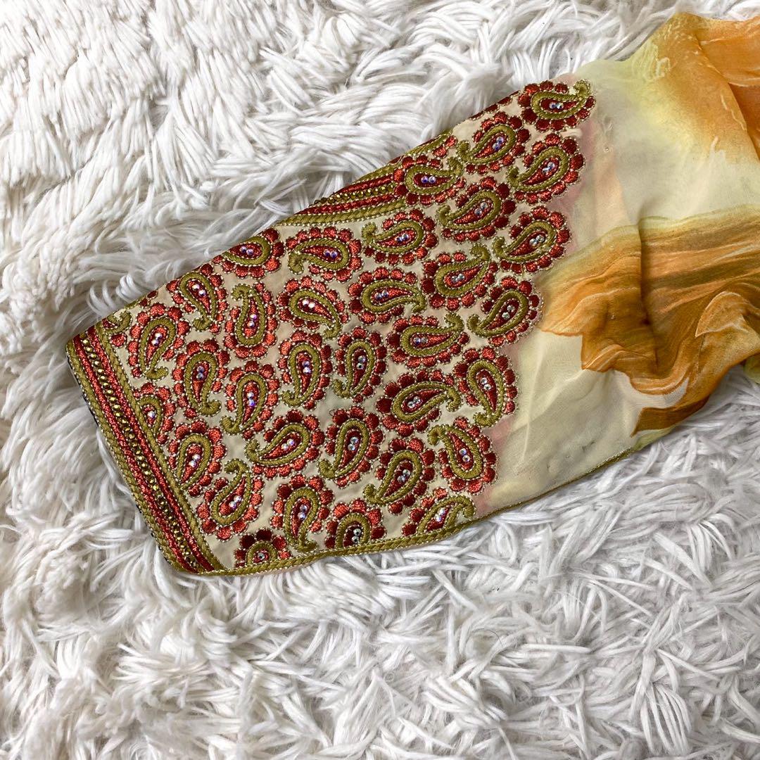 ノーブランド オレンジカラー 刺繍・ビジュー アジアンデザイン シフォンドレス