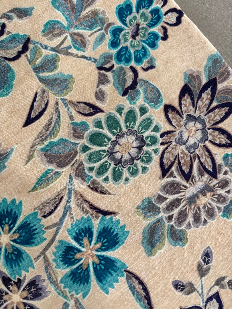 久米島紬 更紗文様 摺友禅 正絹 九寸名古屋帯 薄橙味のライトベージュ 極美品