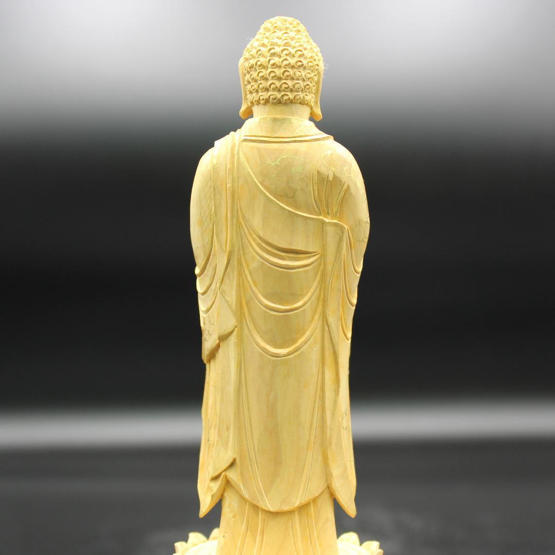 訳あり品) 056 仏像 東立弥陀 浄土真宗東本願寺派 柘植 4.5寸 丸台