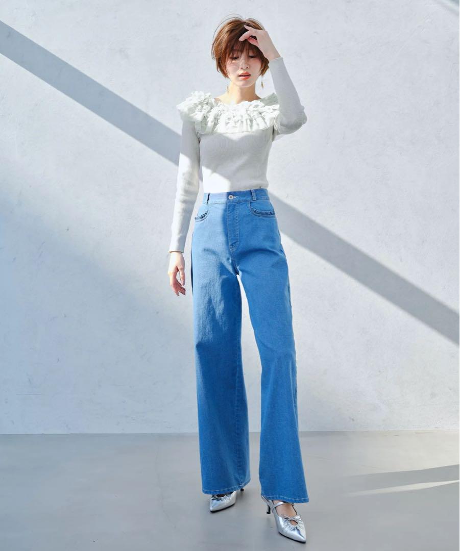 【ミッシュマッシュ】プチフリルデニムワイドパンツ