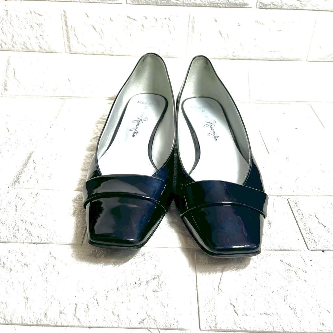 【美品】銀座かねまつ　ローヒールパンプス　エナメル　ネイビー
