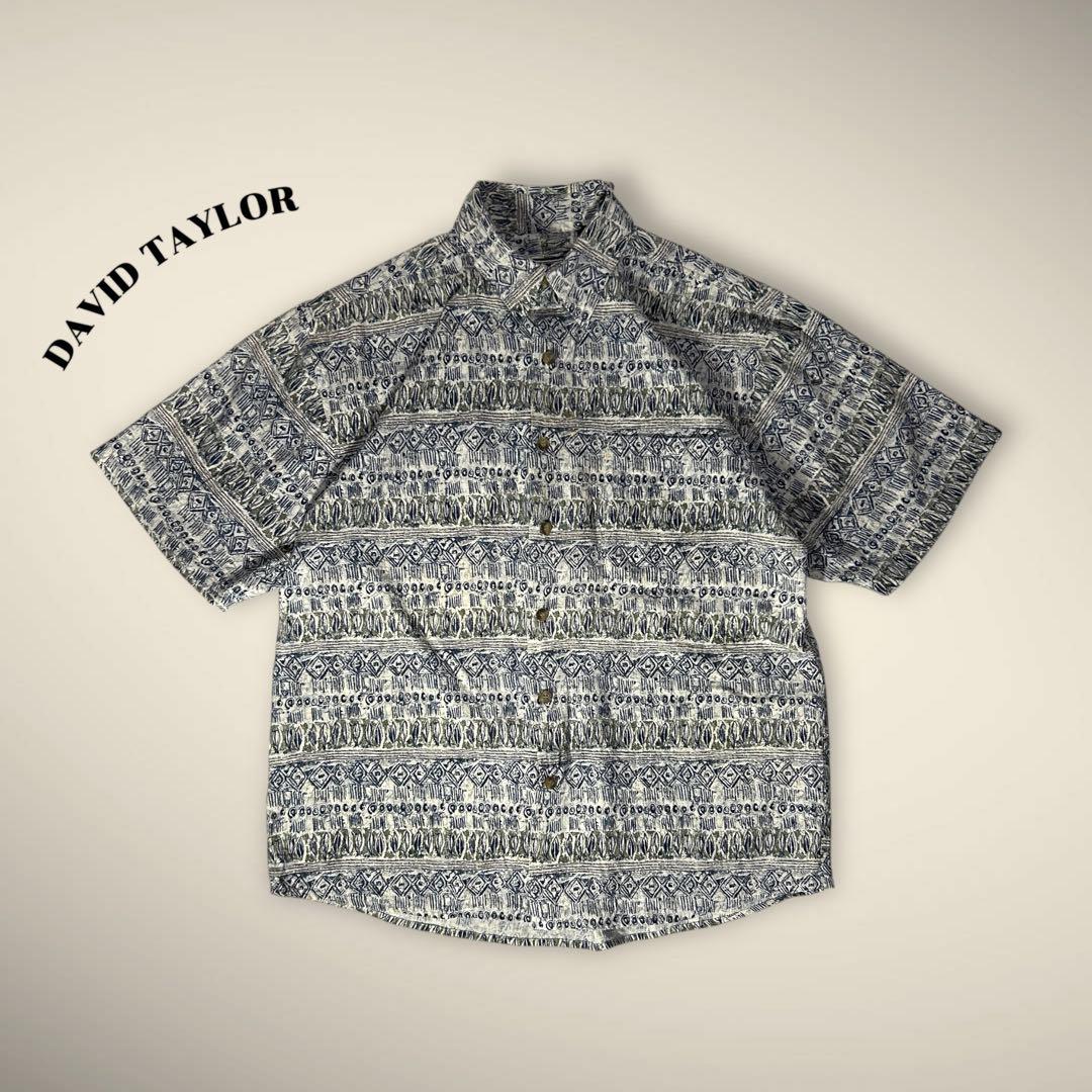 DAVID TAYLOR 半袖シャツ 100%シルク 総柄 幾何学 M