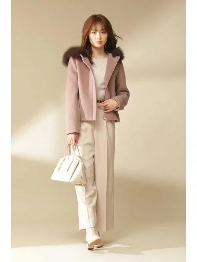 美品　プロポーションボディドレッシングWモッサフードファーショートコート 美品 プロポーションボディドレッシングWモッサフードファー