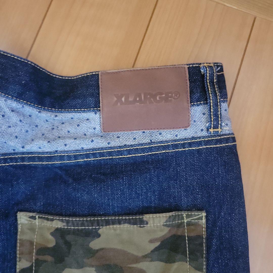 中古美品★XLARGE ストレートデニム 36サイズ ダークブルー迷彩ポケット