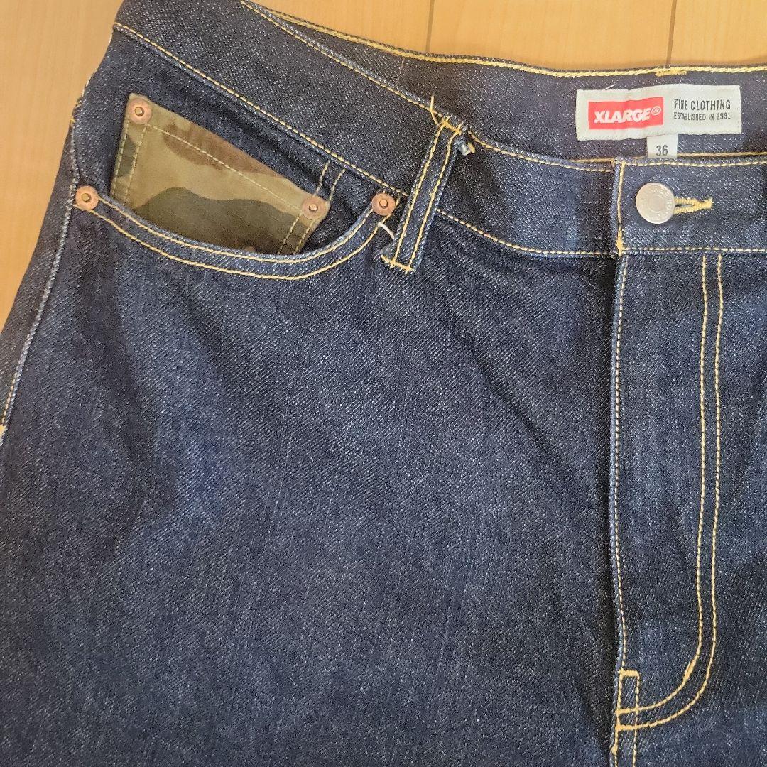 中古美品★XLARGE ストレートデニム 36サイズ ダークブルー迷彩ポケット