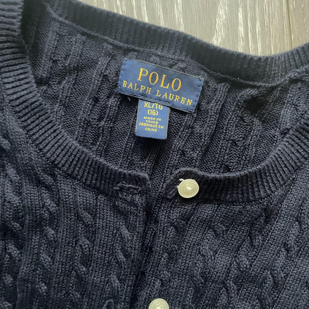 ラルフローレンロゴ入りカーディガンネイビー 90s Polo Ralph Lauren Logo Wool Knit Cardigan 紺 L ポロ
