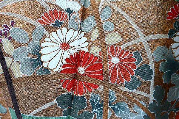 美品 訪問着 柳色 牡丹 菊 吉祥花 金彩 トールサイズ 身丈169.5