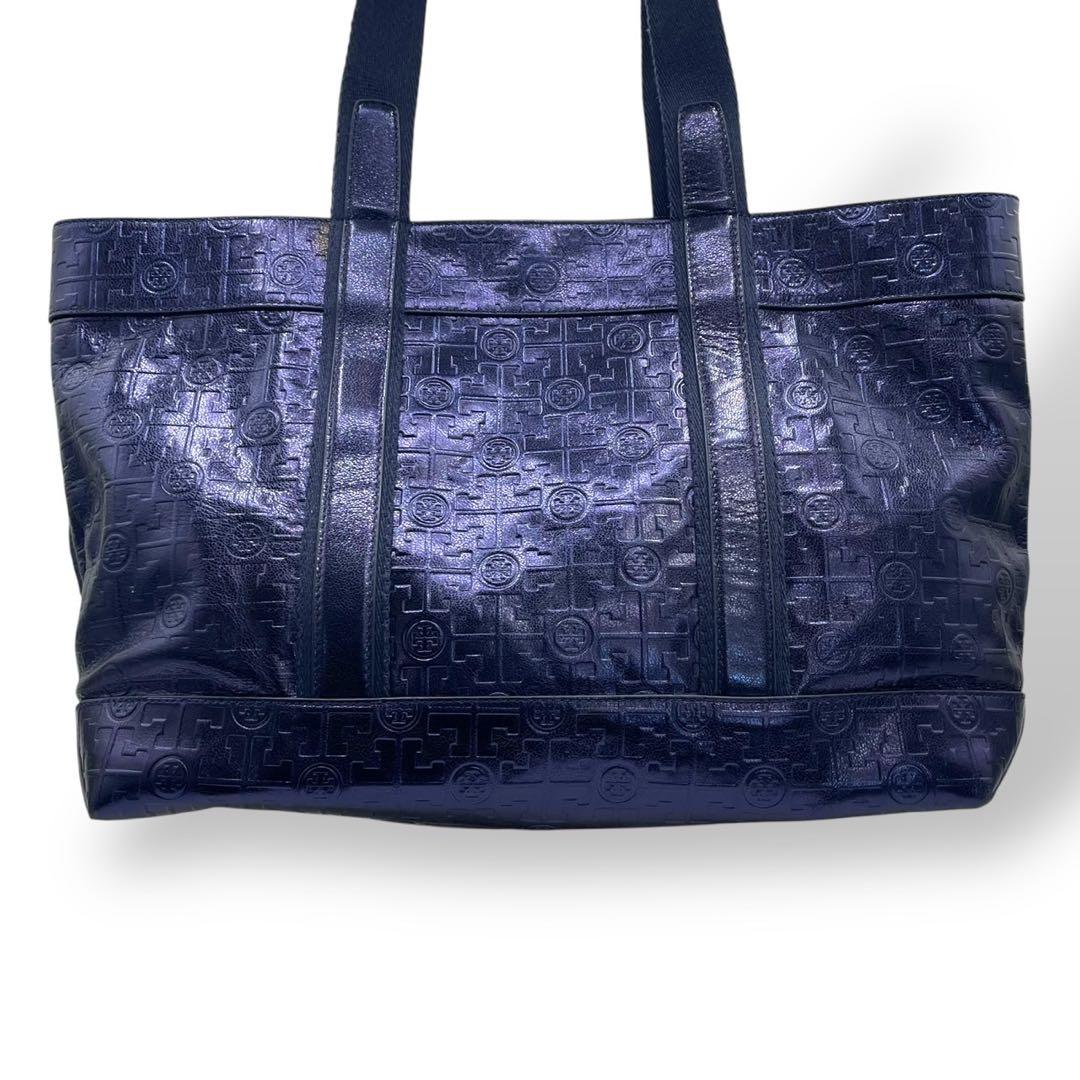 極美品　A4可　トリーバーチ　トートバッグ　エンボス　レザー　メタリック　紺