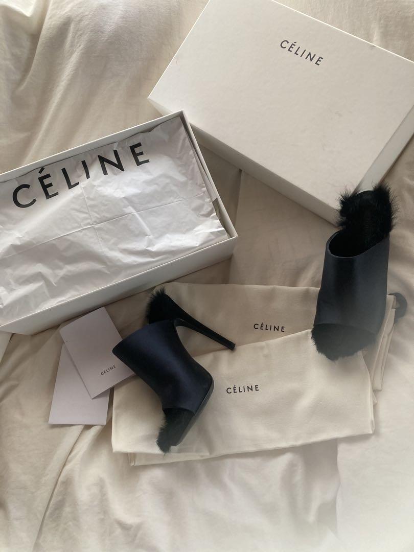celine フィービー　サテン　ミュール　ファー　黒　35.5 セリーヌ