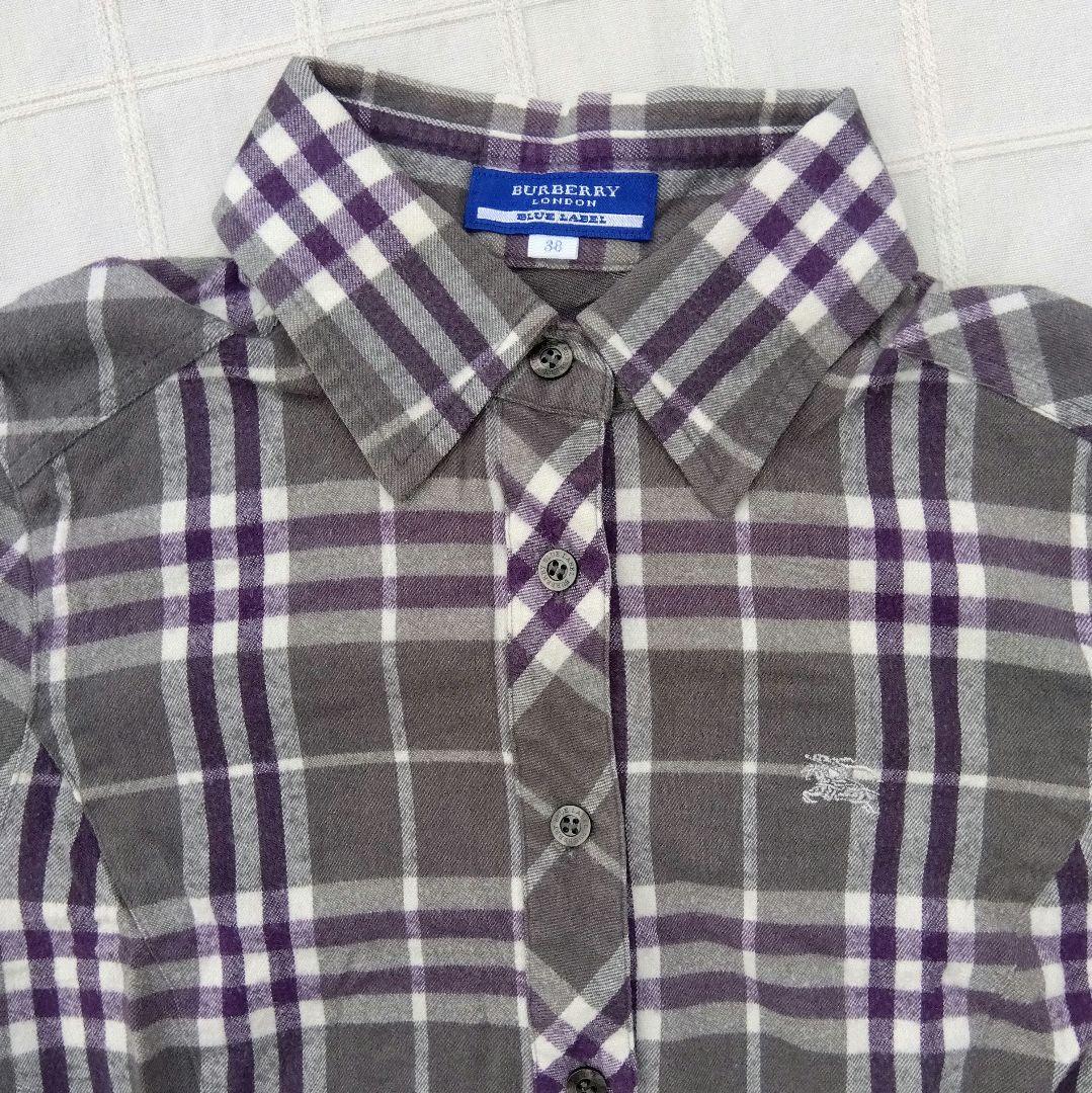 38 BURBERRY BLUE LABEL グレイ×パープルチェックネルシャ
