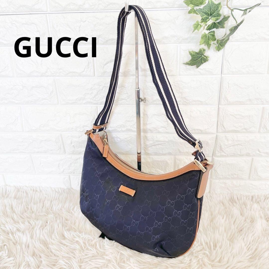 GUCCI グッチ GG柄 ショルダーバッグ 三日月型 ナイロン ネイビー
