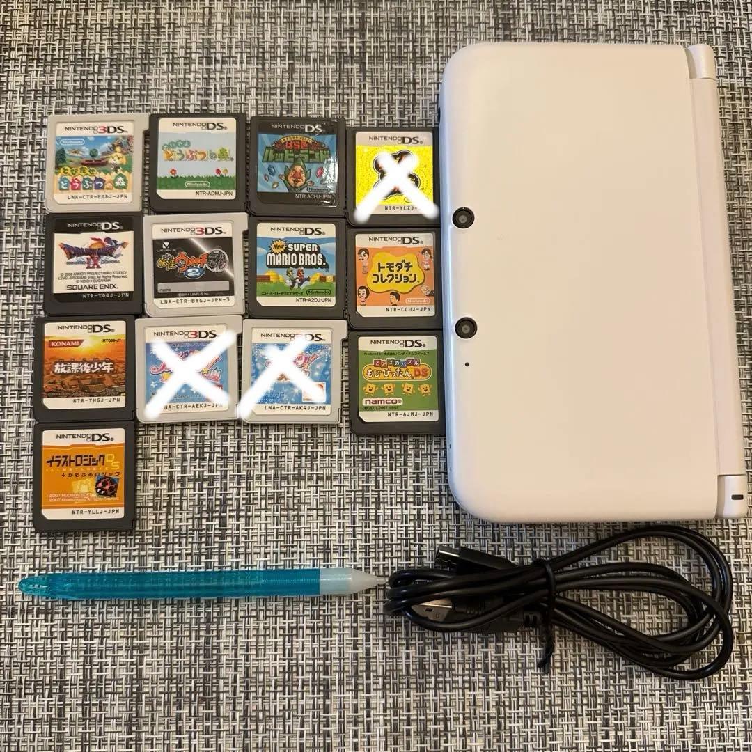 ニンテンドー3DSLL ホワイト本体＋充電器付き＋カセット10本＋タッチペン