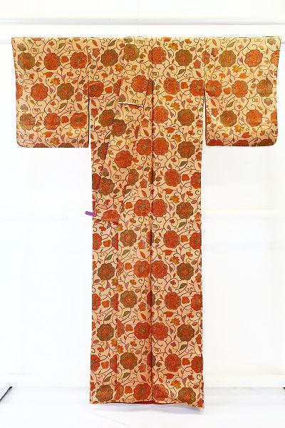 小紋 唐花 花紋 ベージュ 身丈161cm 裄丈64cm 袷 仕立て上がり 正絹