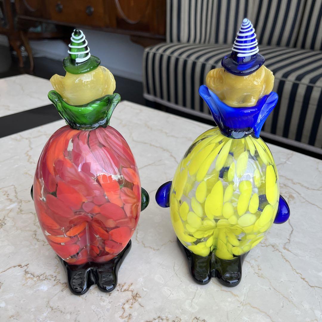 イタリア　ムラーノ　ガラス　ピエロ　2体　新品未使用　置物 ■ イタリア MURANO ベネチアンガラス ムラノガラス ピエロ置物2体