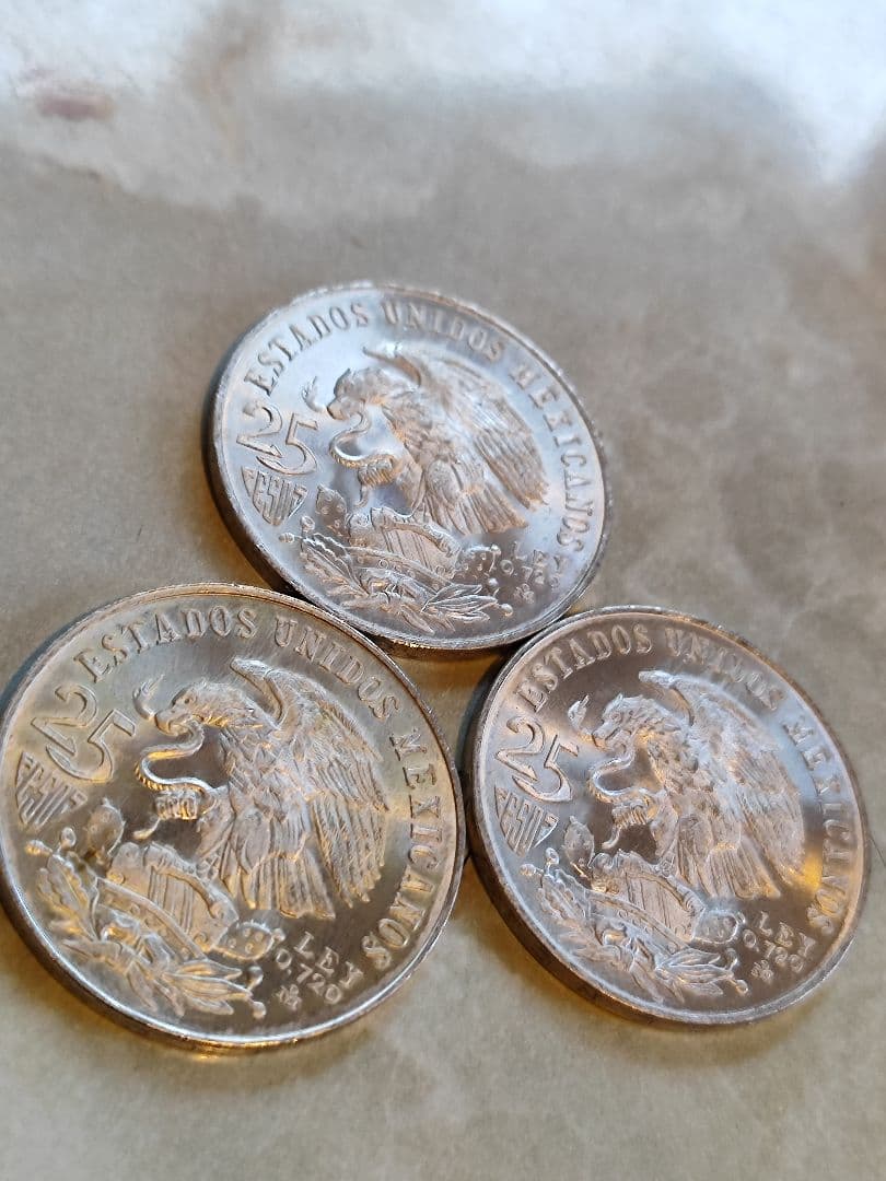 1968年メキシコオリンピック記念25ペソ銀貨 三枚 保存状態 良 1968年メキシコオリンピック記念25ペソ銀貨 三枚 保存状態 良