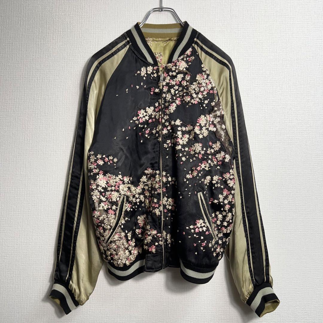 花旅楽団 リバーシブルスカジャン がしゃ髑髏 桜 刺繍 和柄 ドクロ 金/黒