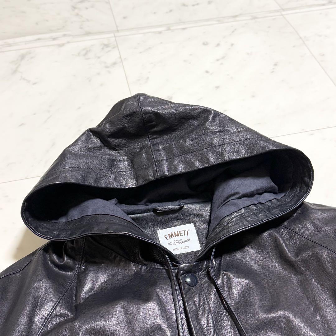 【大きいサイズ】 EMMETI フーデット ラムレザージャケット ブラック 52