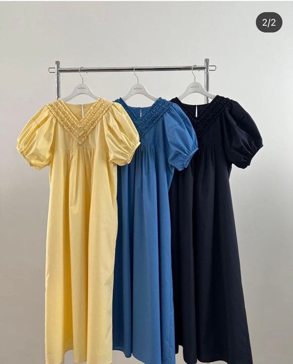 RosyMonster Vネックミニフリルパフワンピース ネイビー