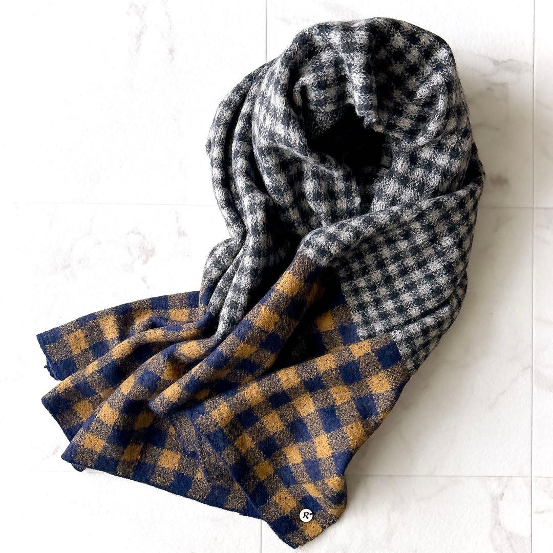 45R 大判ストール ロゴチャーム ブロックチェック グレー ウール