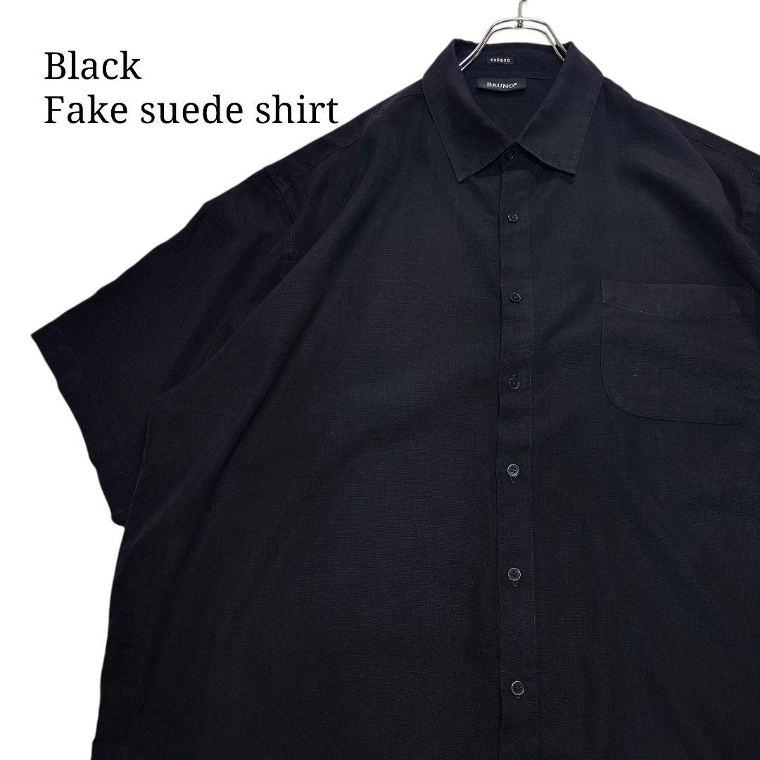 【ビッグサイズ】ブラック フェイクスエードシャツ 半袖 ゆるだぼ