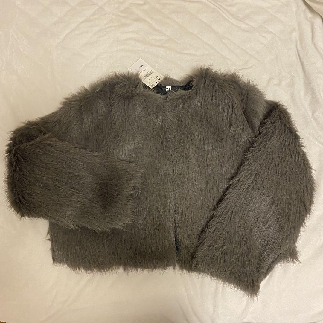 フェイクファーショートコート　グレー　M ○#フェイクファーショートコート○ グレー | 6318/024 59.95