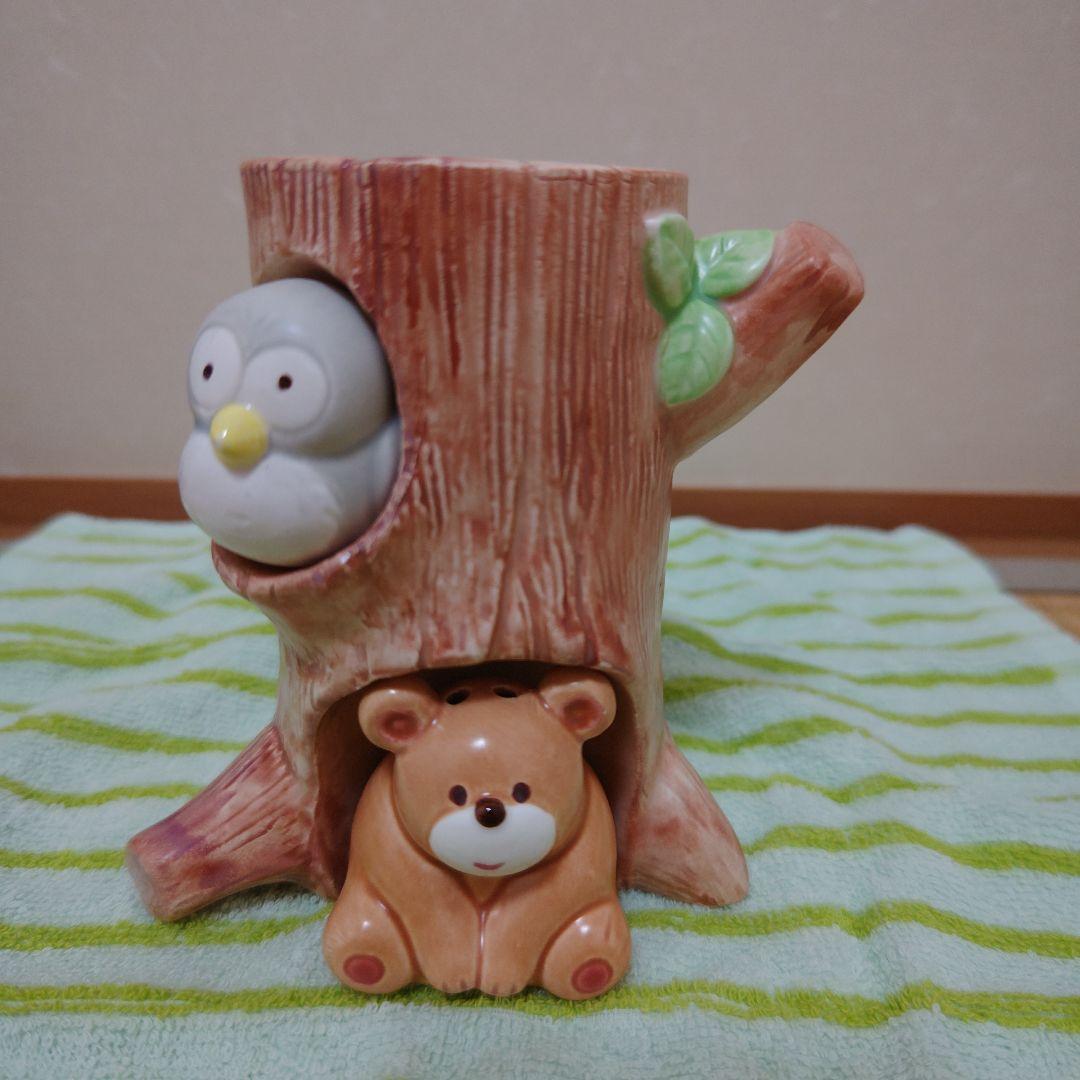 木のうろとフクロウと熊の調味料入れ(陶製)