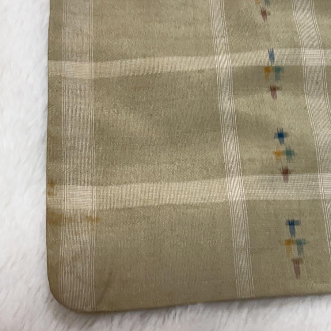 美品・仕付糸つき】紬 格子柄 チェック柄 着物 芥子色 苅安 平織