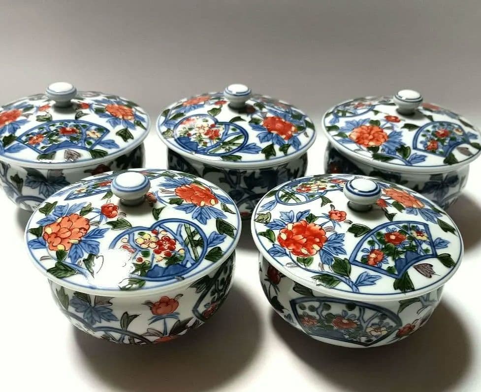 有田焼 源右衛門窯 染錦 間取牡丹絵 蓋付き湯呑 5客組