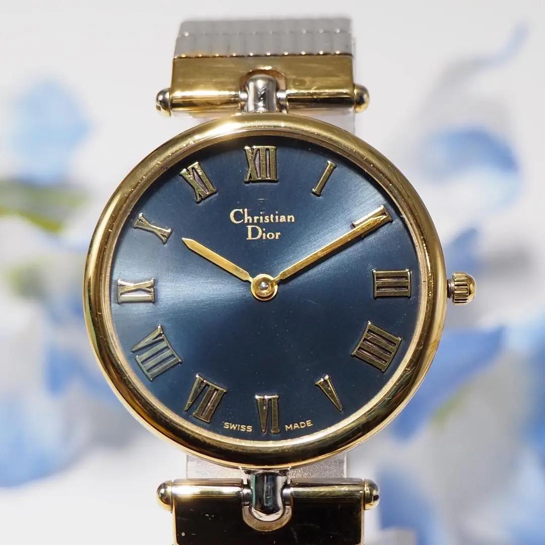 美品 クリスチャンディオール DIOR ネイビー文字盤 メンズ 腕時計 F368
