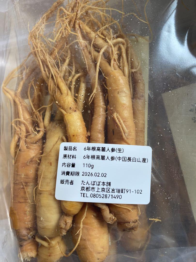 2袋！6年根高麗人参(生) 高麗人参 薬膳酒用 110g(約10本) 長白山産