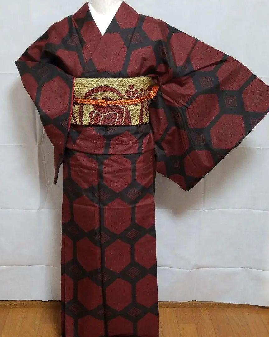 着物030】大島紬 羽織セット 赤 袷 亀甲模様