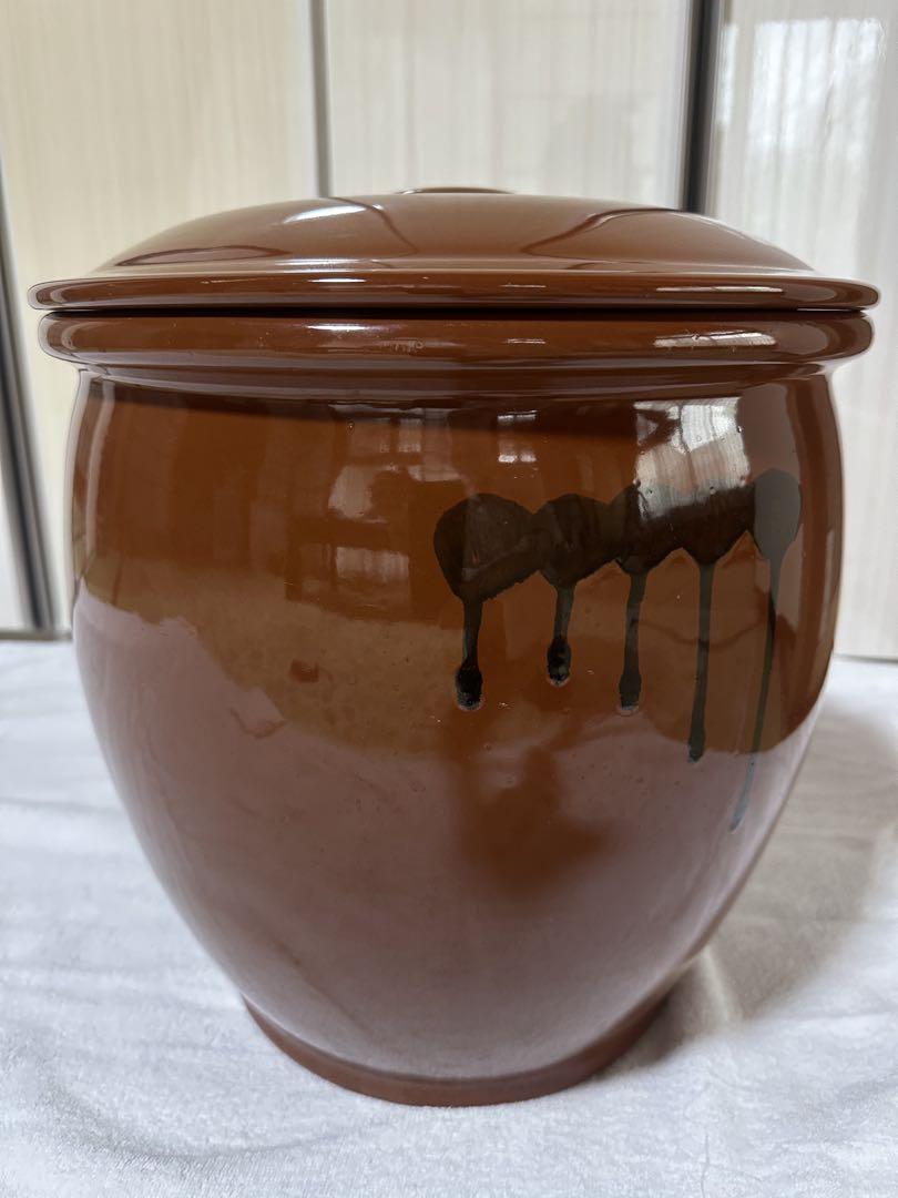 美品＊久松窯10号大型丸型蓋付き丸壺かめ漬け物容器味噌作り茶色ブラウン常滑焼＊