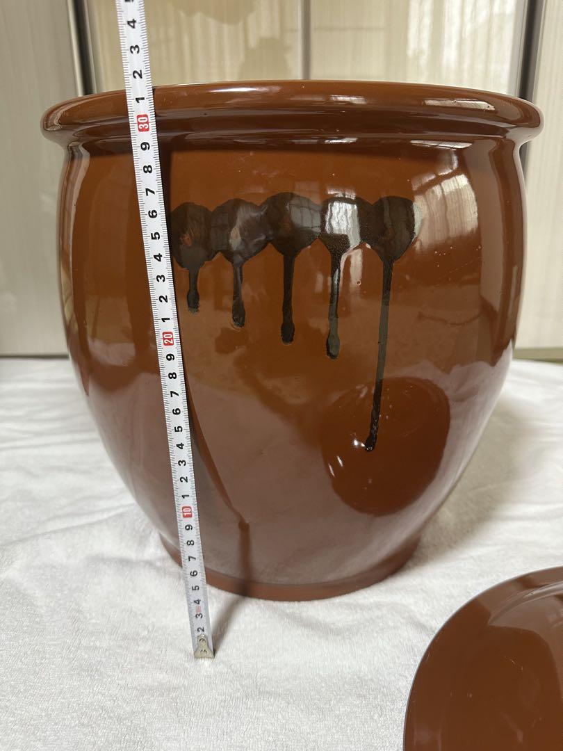 美品＊久松窯10号大型丸型蓋付き丸壺かめ漬け物容器味噌作り茶色ブラウン常滑焼＊
