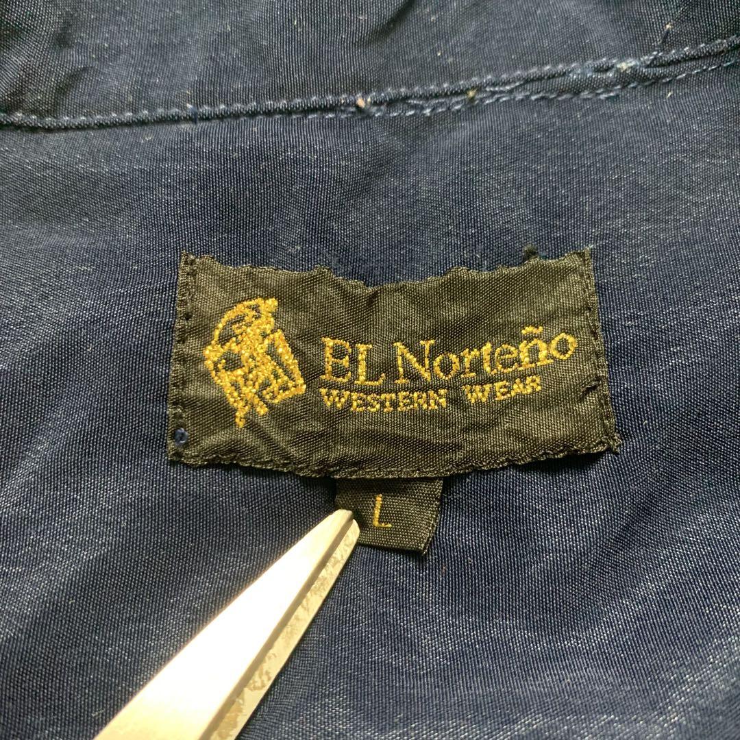 Lサイズ キューバシャツ 開襟 オープンカラーシャツ 半袖 ネイビー 刺繍