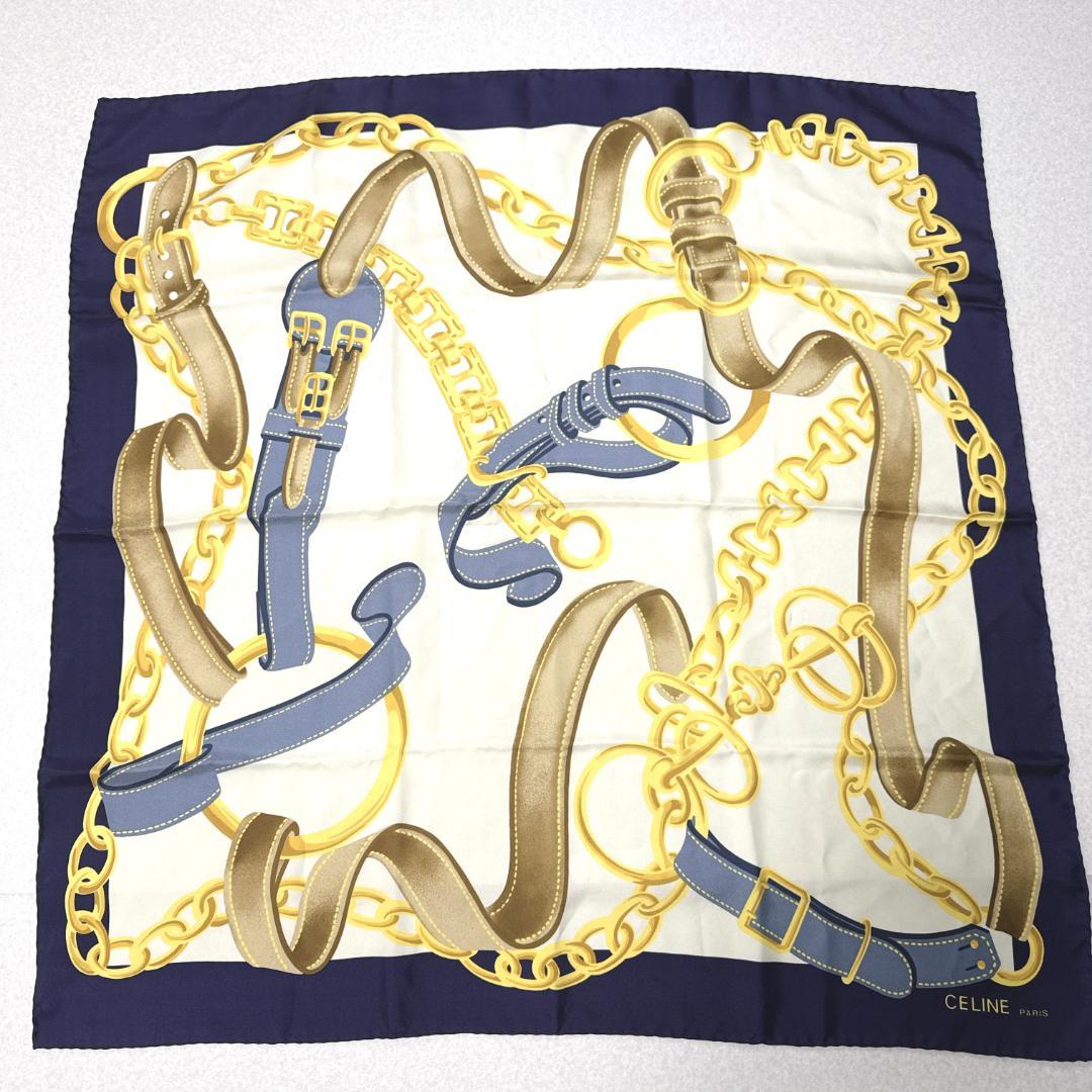 CELINE シルクスカーフ カレ90 チェーン柄 ベルトモチーフ イタリア製