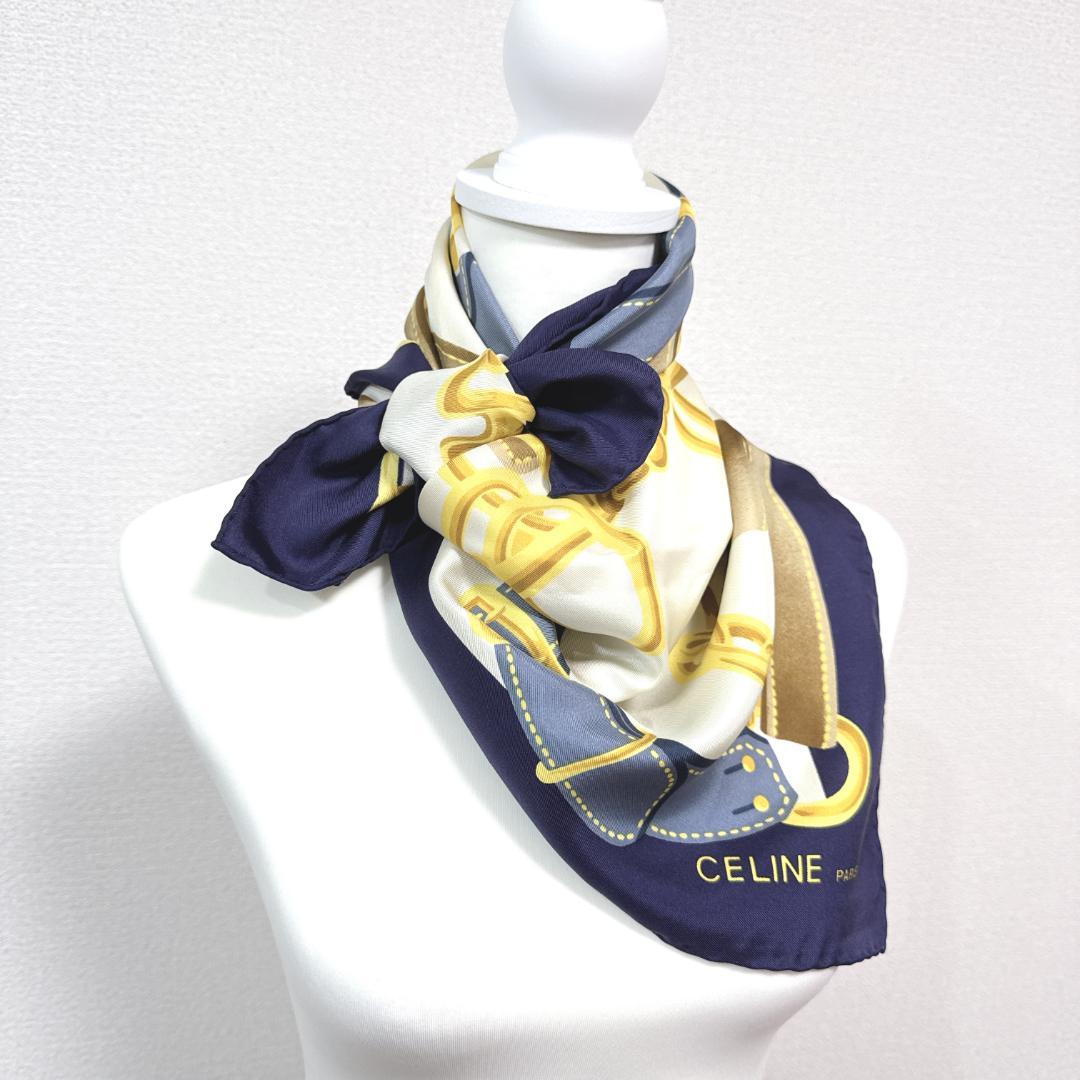 CELINE シルクスカーフ カレ90 チェーン柄 ベルトモチーフ イタリア製 CELINE シルクスカーフ カレ90 チェーン柄 ベルトモチーフ イタリア製