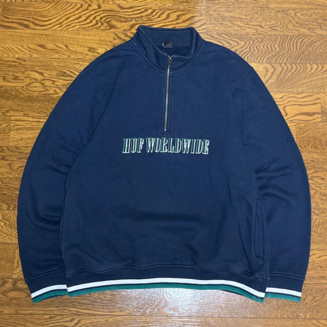HUF ハフ ハーフジップスウェット 刺繍ロゴ ネイビー XL
