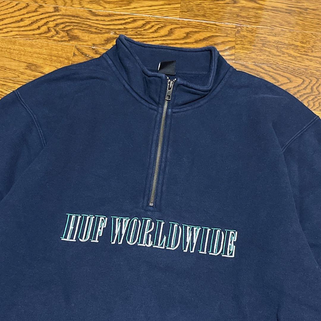 HUF ハフ ハーフジップスウェット 刺繍ロゴ ネイビー XL