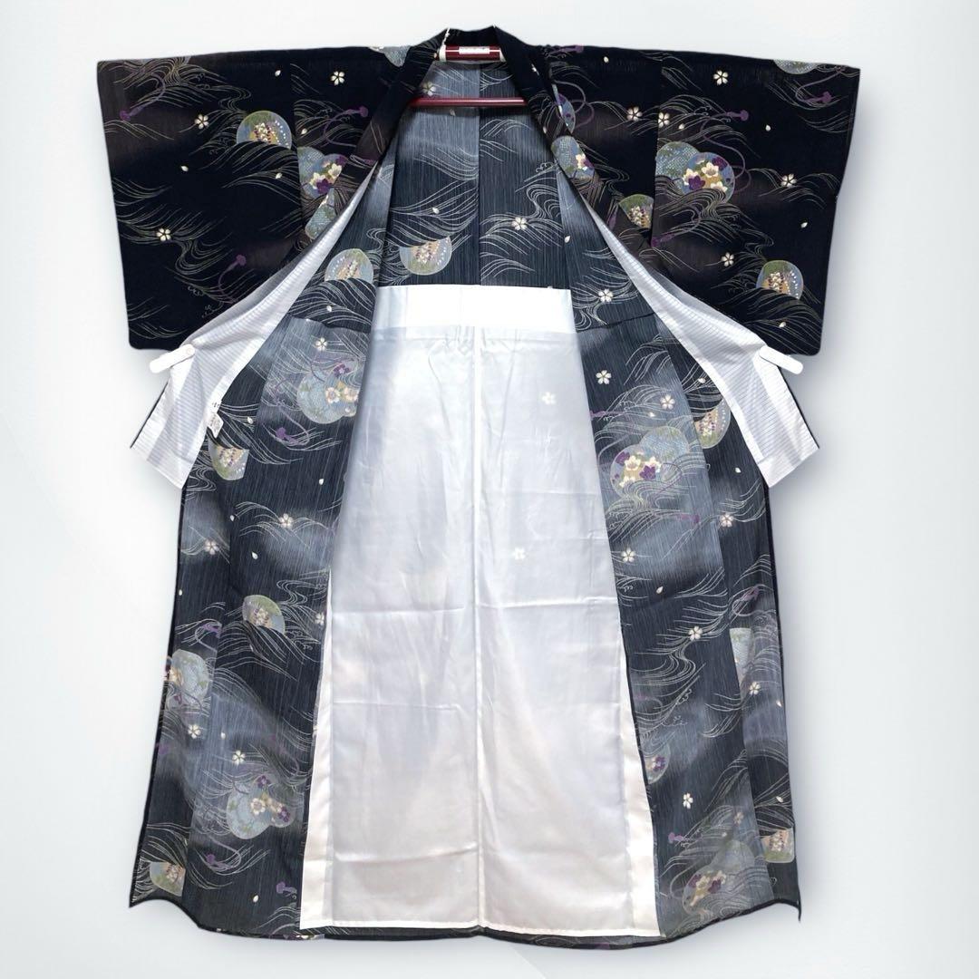 【良品✨】嵐山よしむら　洗える着物　夏物　楊柳　小紋　黒色　鼓　古典　日本製J9
