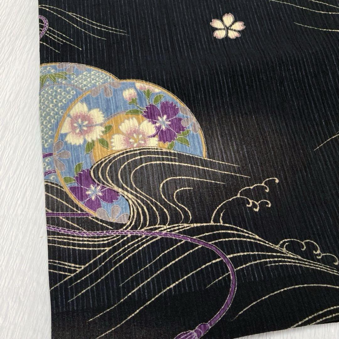 【良品✨】嵐山よしむら　洗える着物　夏物　楊柳　小紋　黒色　鼓　古典　日本製J9