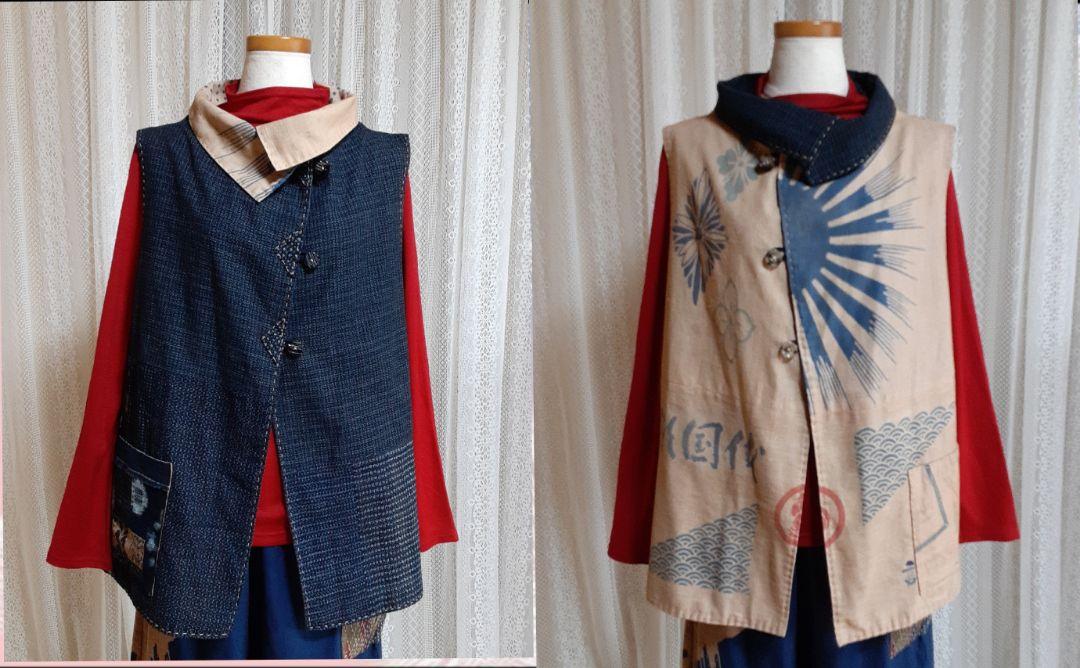 一部予約販売中】 古布 着物リメイク 手ぬぐいリメイク 柿渋染め 絣 返品交換 着物リメイク☆古布リメイク☆書生絣☆フード付きベスト☆裏あり ベスト/ジレ