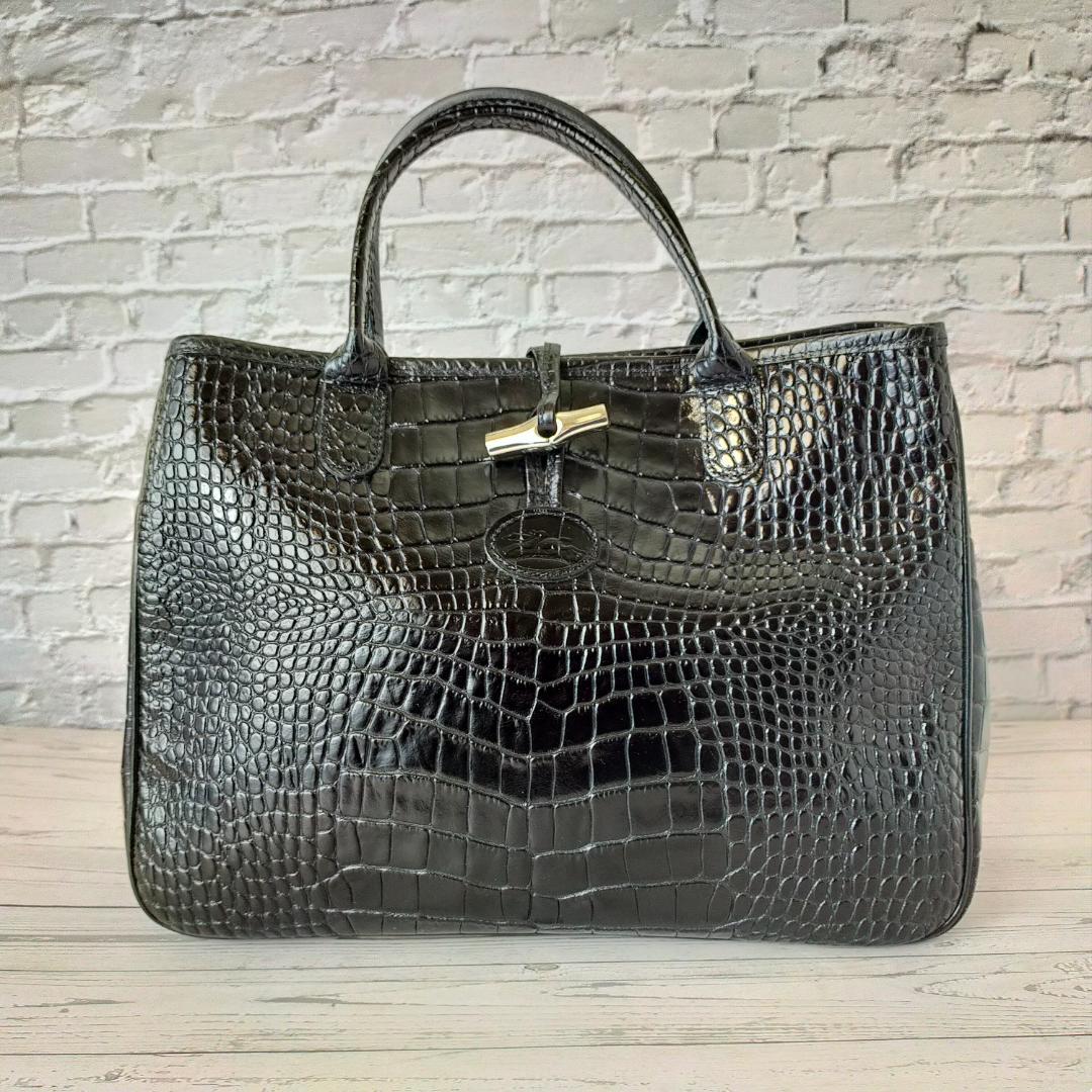 美品 LONGCHAMP ロンシャン ハンドバッグ ロゾ クロコ型押し レザー